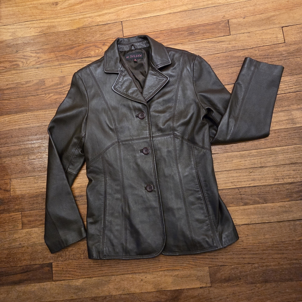 Women's Brown Leather Button-Front Blazer Jacket